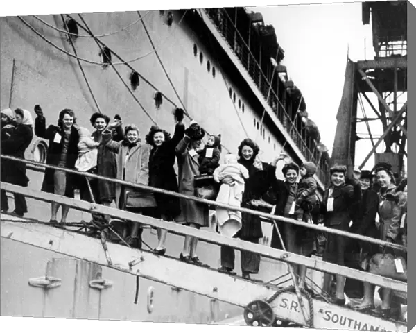 GI Brides on board. British war brides leave for USA, 1945