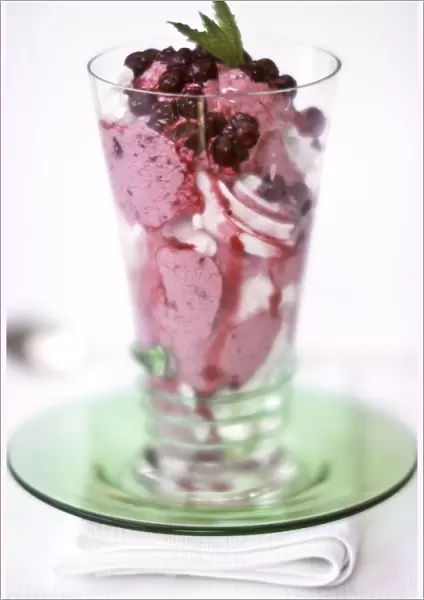 Spectacular dessert of ice cream with blackcurrants and fresh fruit coulis topped