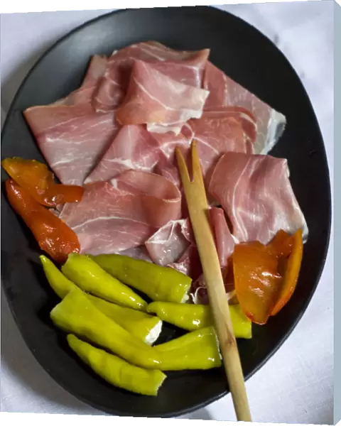 Spanish Serano dried ham with stuffed, green, chilli peppers and Hawaiin pickled mango