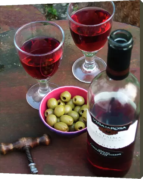 Rose wine with green oliives in garden on summer evening credit: Marie-Louise Avery