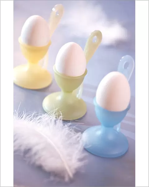 Pastel coloured eggcups with boiled eggs and feather decoration credit: Marie-Louise