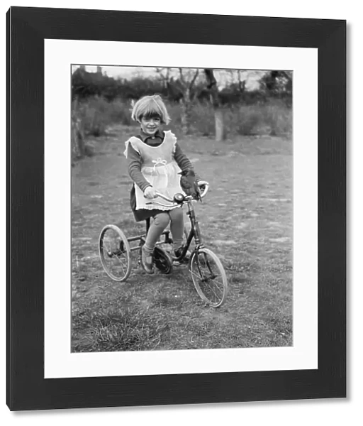 Little Ann Bowers playing on her tricycle with her tame jackdaw sitting on the handlebars
