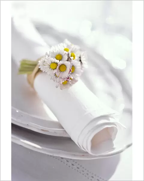 Rolled white napkin tied with a bunch of daisies, on white plates. credit: Marie-Louise