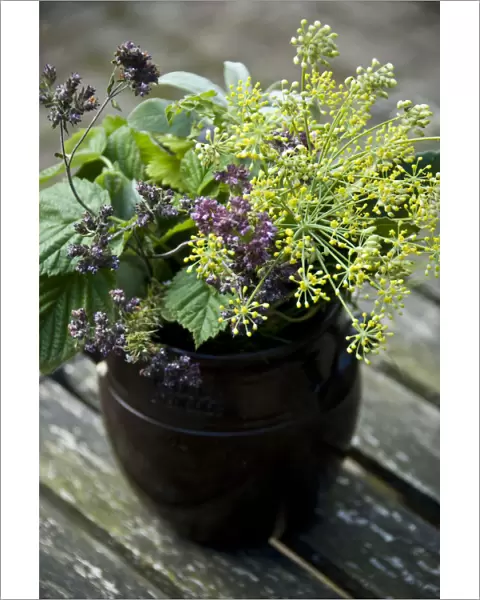 Bouquet of culinary herbs in swedish preserving crock credit: Marie-Louise Avery