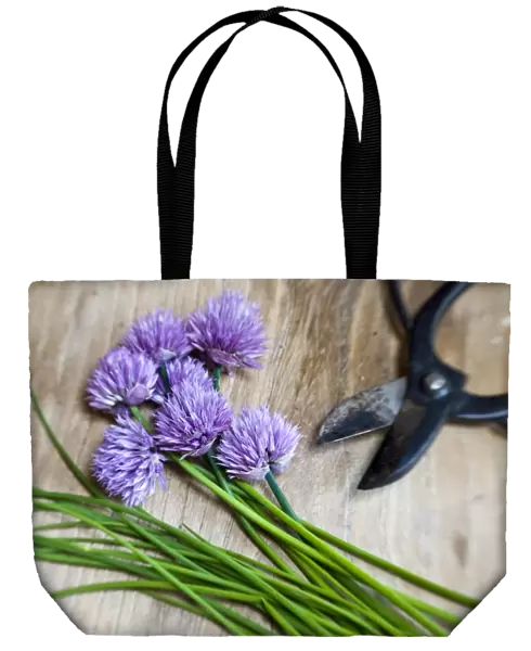 Cut chives on wooden surface with Japanese scissors credit: Marie-Louise Avery