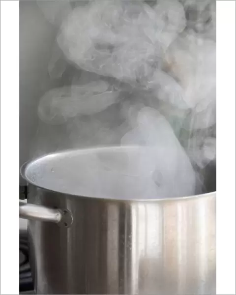 Steam from water boiling in stainless steel saucepan on hob credit: Marie-Louise