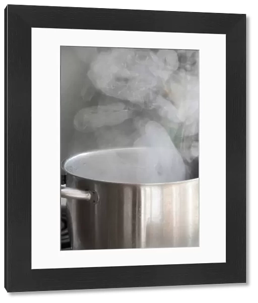Steam from water boiling in stainless steel saucepan on hob credit: Marie-Louise