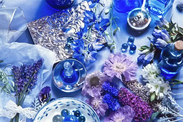The idea of blue fragrance - flowers, fabric, scent, glass, credit: Marie-Louise