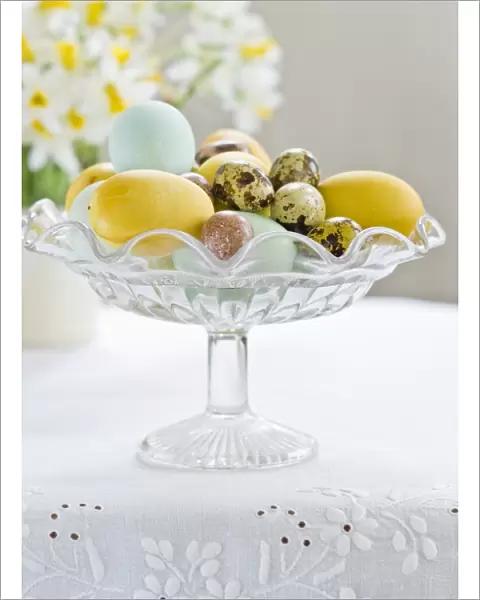 Glass stand with hand painted eggs including quais eggs credit: Marie-Louise Avery