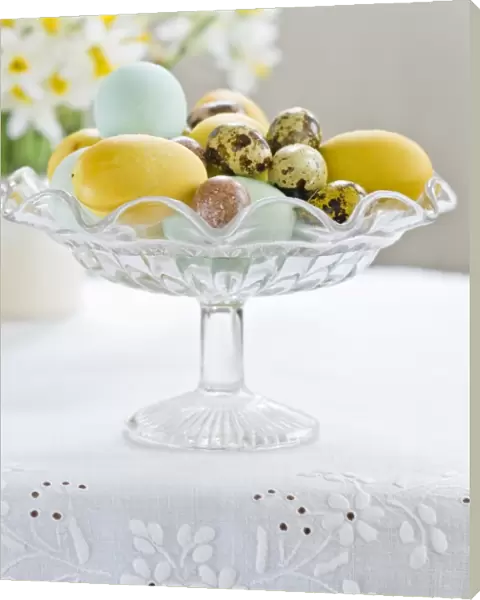 Glass stand with hand painted eggs including quais eggs credit: Marie-Louise Avery