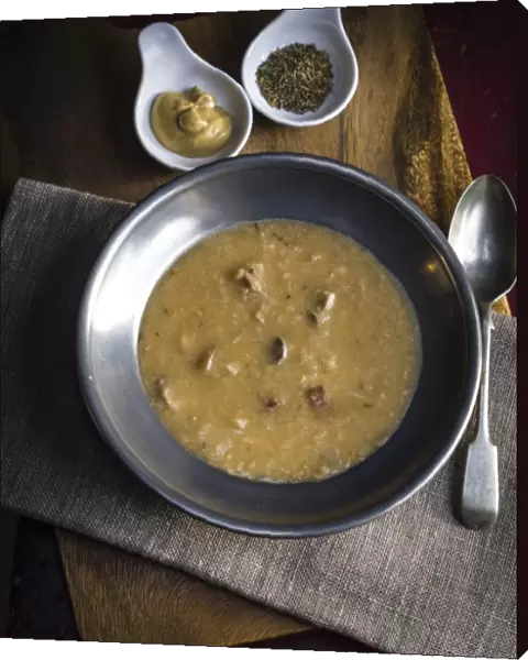 AÔÇ×rtsoppa, Swedish yellow pea soup, traditionally served with Slotts senap (Swedish