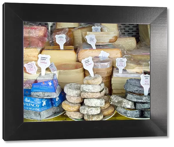 Cheese stall in market in Pas-de-Calais, northern France, selling inter al. Pont