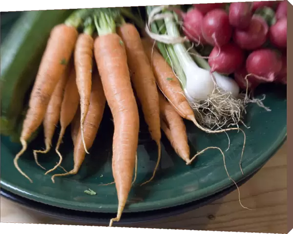 Fresh vegetables from farmers market on dark green platter credit: Marie-Louise