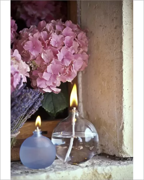 Two oil burner lamps with pink hydrangea and lavender in window niche credit: Marie-Louise