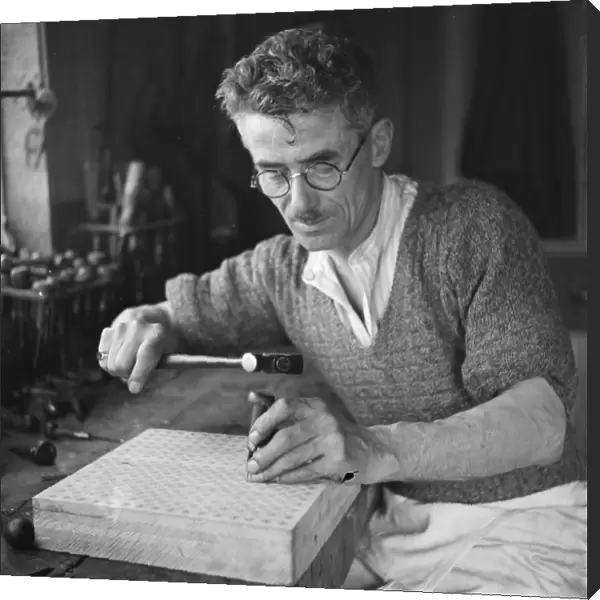 Block making in Wilmington, Kent. Mr E G Hitchens a blockmaker at work