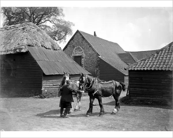 Man holding two shire horses in front of a Barn Church. 1934