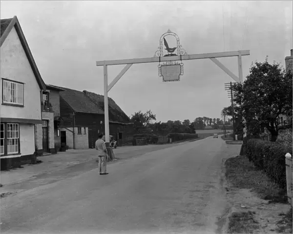 Gallows sign, Magpie Inn, Stonham, Suffolk. 1937