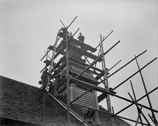 Repairing the spire at Hartley Parish Church in Foots Cray, Kent 1937