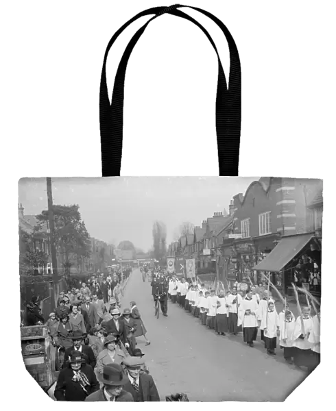 Palm Sunday procession through the High Street, Orpington, Kent. 1935