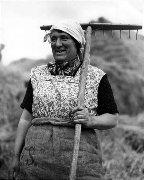 An elderly women, working on the farm, takes a break from raking the field