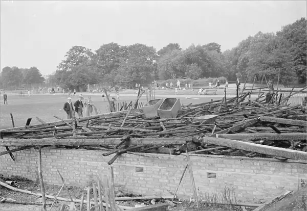 The wreckage of the burnt out pavilion at Dartford. 1937