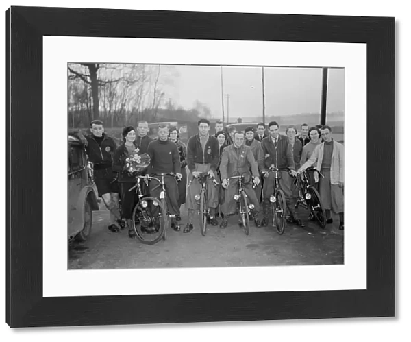 A group photo of the North Kent Tandem Club with their bicycles. 5 February 1938