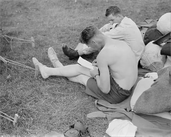 Territorials at camp at Lympne. A Territorial writing home. 1939