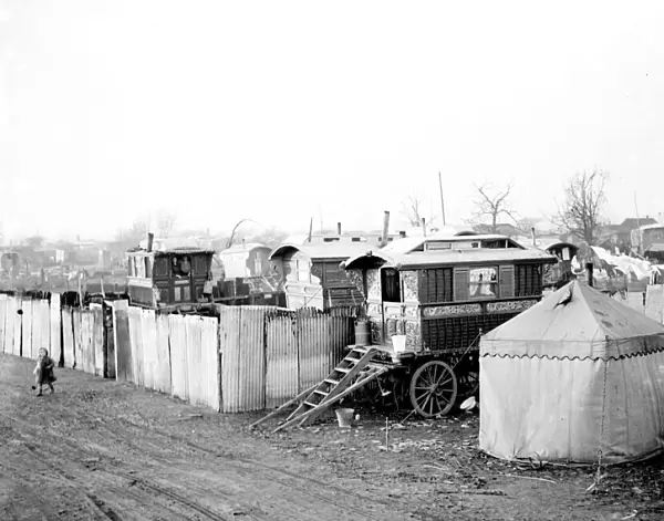 Gypsy caravans and tents on Belvedere Marshes, Kent