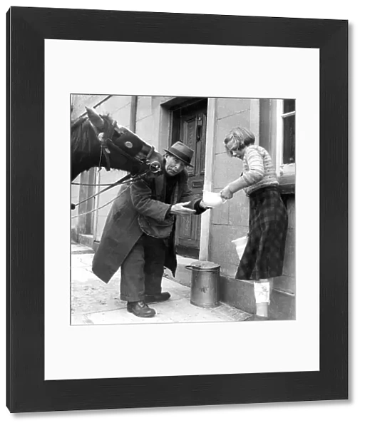 Old milkman and his affectionate horse, delivering milk from a churn in Monmouth, Wales