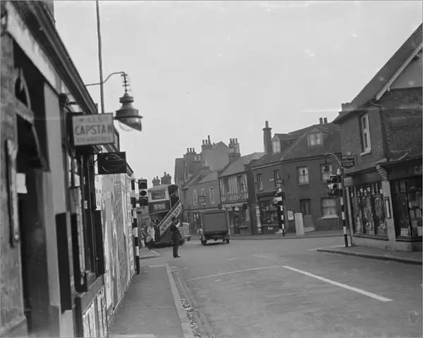 Traffic lights on the High Street in Foots Cray, Kent. 1936