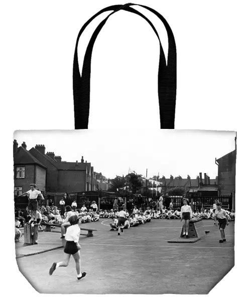 A demonstration of physical education at Denton School 26 July 1954