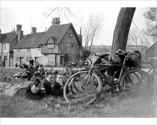 Cyclists resting in Eynsford, Kent. 1933