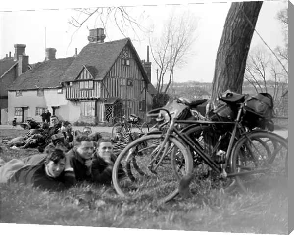 Cyclists resting in Eynsford, Kent. 1933