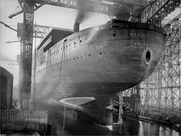 Belgian Navy. The stern view of the new giant ship, Belgenland, before her launch