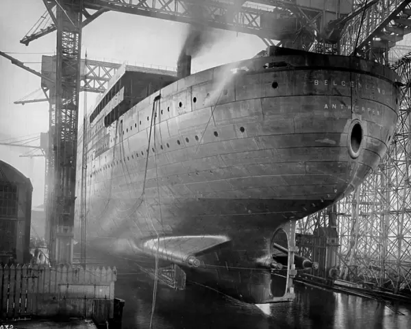 Belgian Navy. The stern view of the new giant ship, Belgenland, before her launch