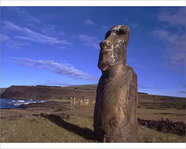 Easter Island. One of the upright giant staues near the ancient volcanic quarry