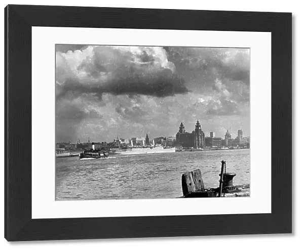 The Liverpool skyline as viewed from Seacombe, Cheshire; Royal Liver Building