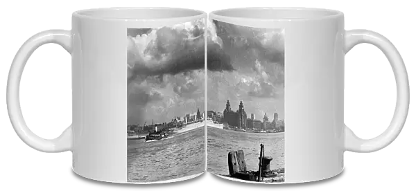 The Liverpool skyline as viewed from Seacombe, Cheshire; Royal Liver Building
