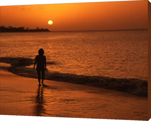 Sunset with girl silhouette, on tropical beach