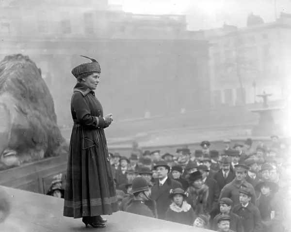 Mrs Emmeline Pankhurst at the war meeting in Trafalgar Square. 24 February 1917