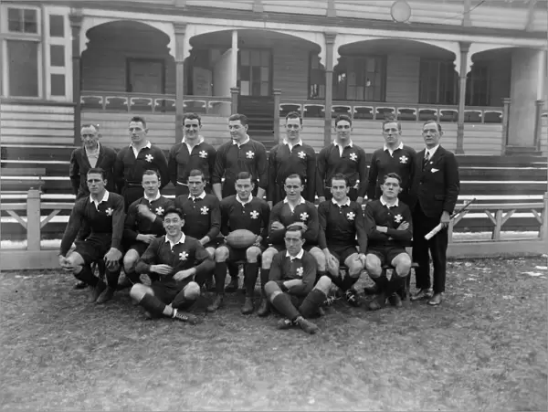 England versus Wales in Rugby match at Cardiff. The Welsh team. Back row left to right