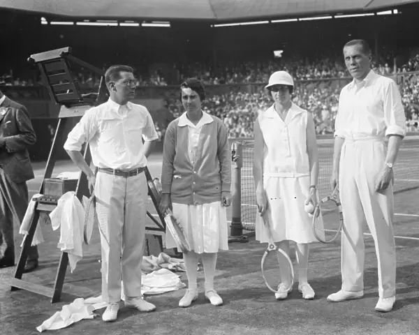 Tennis at Wimbledon. Finalists in mixed doubles. Left to right H O Kinsey, Miss Browne