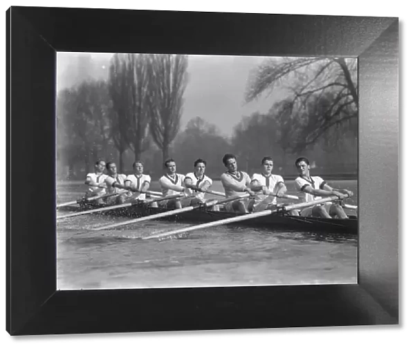 Oxford crew in action. Striking Henley Study. First American to stroke the eight A
