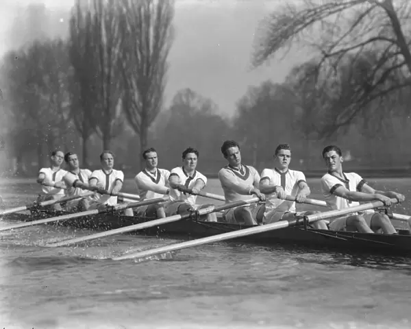 Oxford crew in action. Striking Henley Study. First American to stroke the eight A