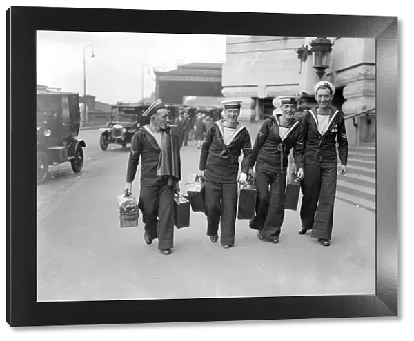 Sailors arriving at Waterloo on leave, complete with attache cases. 2 August 1929