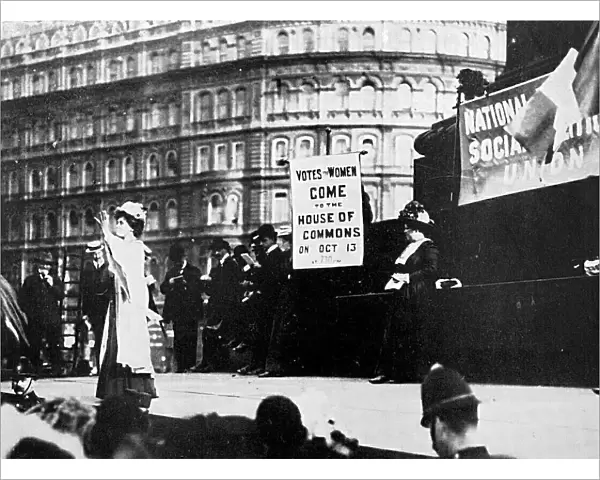 Suffragettes; Mrs Pankhurst speaking in Trafalgar Square, October 1908. Flora Drummond