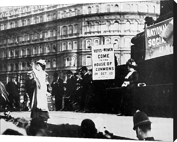 Suffragettes; Mrs Pankhurst speaking in Trafalgar Square, October 1908. Flora Drummond