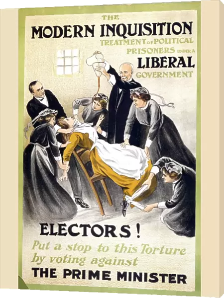 A poster showing a suffragette being forced fed issued as an election poster by the