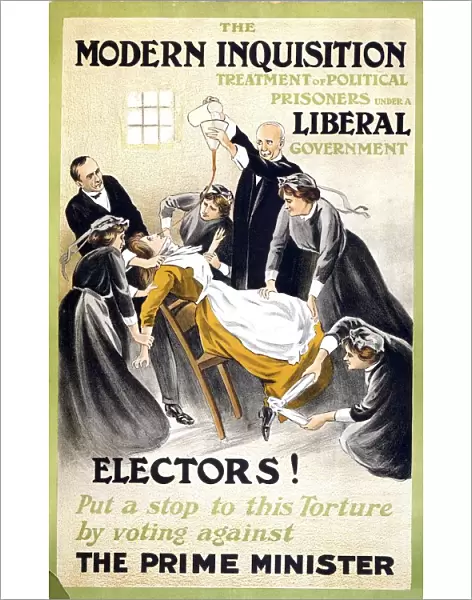 A poster showing a suffragette being forced fed issued as an election poster by the