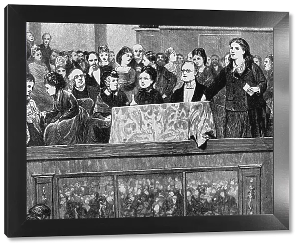 Womens suffrage: Meeting in Hanover Square Rooms about 1870; Rhoda Garrett speaking